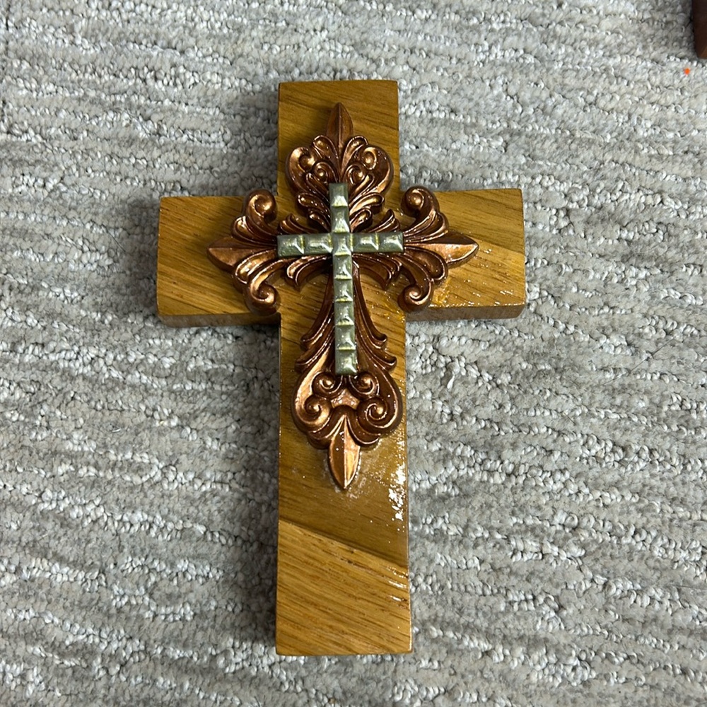 7” Handmade Wood Cross Copper & Gold Accents
